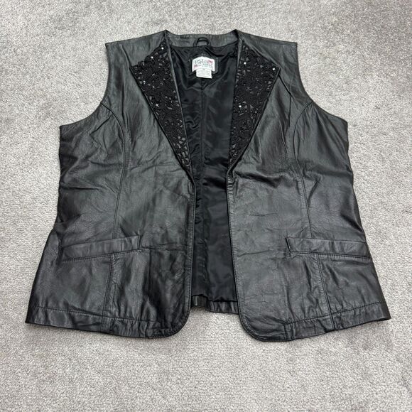 Lacy Afternoon Vintage Genuine Leather Embellished Beaded Vest Womens 16 Black - Picture 1 of 9
